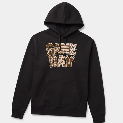 Retro football-themed t-shirt with bold 'Game Day' lettering and colors of brown and cream — printed on a unisex hoodie