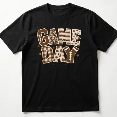 Retro football-themed t-shirt with bold 'Game Day' lettering and colors of brown and cream — printed on a unisex t-shirt