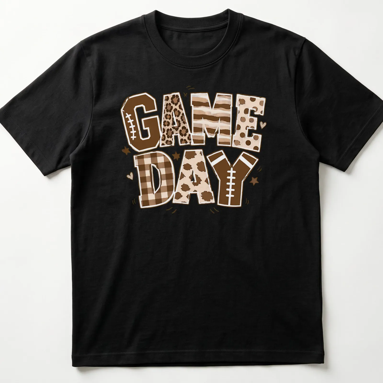 Retro football-themed t-shirt with bold 'Game Day' lettering and colors of brown and cream — printed on a unisex t-shirt
