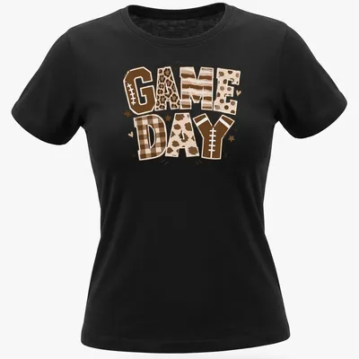 Retro football-themed t-shirt with bold 'Game Day' lettering and colors of brown and cream — printed on a women's shirt