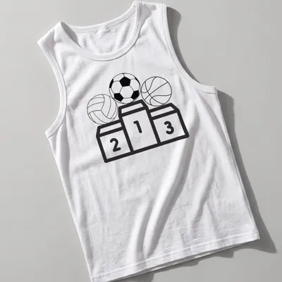 Line-art design of football, volleyball, and basketball icons on a podium — printed on a tank top