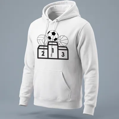 Line-art design of football, volleyball, and basketball icons on a podium — printed on a unisex hoodie
