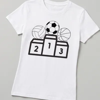 Line-art design of football, volleyball, and basketball icons on a podium — printed on a women's shirt
