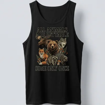 Detailed vintage illustration of various forest animals with humorous text. — printed on a tank top