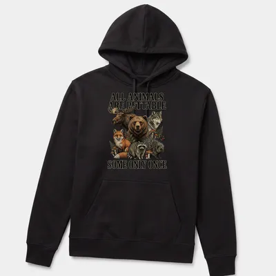Detailed vintage illustration of various forest animals with humorous text. — printed on a unisex hoodie