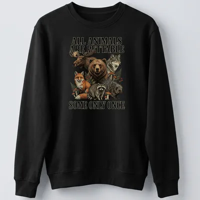 Detailed vintage illustration of various forest animals with humorous text. — printed on a unisex sweatshirt