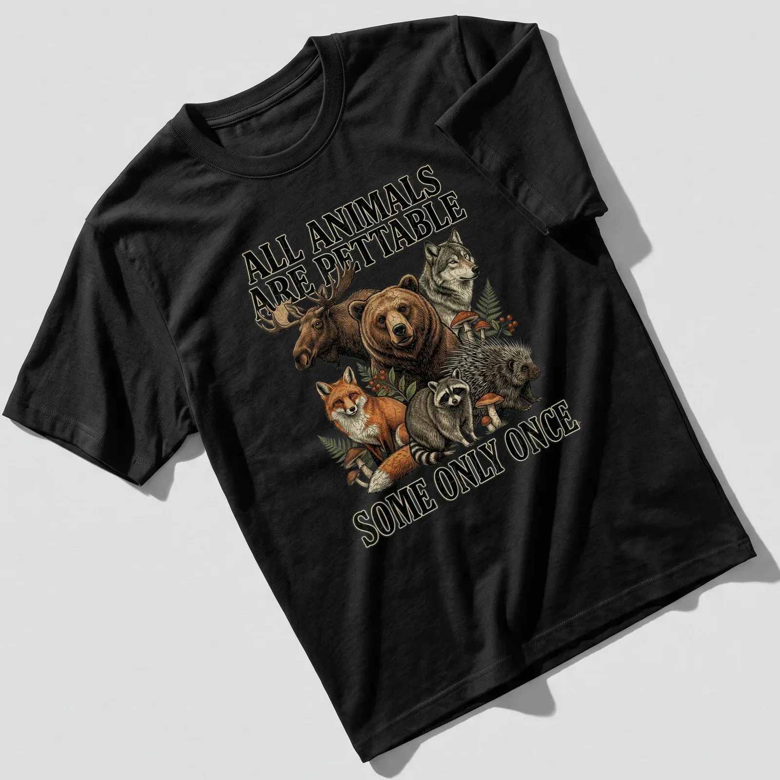 Detailed vintage illustration of various forest animals with humorous text. — printed on a unisex t-shirt