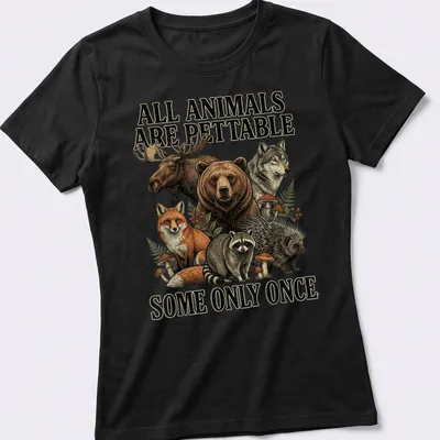 Detailed vintage illustration of various forest animals with humorous text. — printed on a women's shirt
