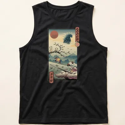 Ukiyoe style Forest Spirit Samurai illustration with Japanese text — printed on a tank top