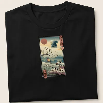 Ukiyoe style Forest Spirit Samurai illustration with Japanese text — printed on a unisex t-shirt