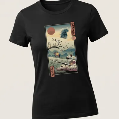 Ukiyoe style Forest Spirit Samurai illustration with Japanese text — printed on a women's shirt