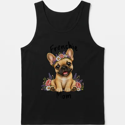 Illustration of a French Bulldog with a floral crown and text saying 'Frenchie Mom' — printed on a tank top