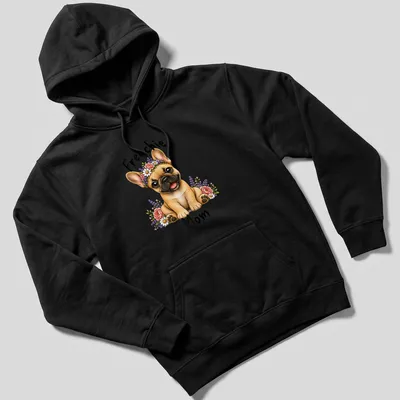 Illustration of a French Bulldog with a floral crown and text saying 'Frenchie Mom' — printed on a unisex hoodie