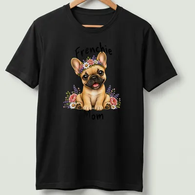 Illustration of a French Bulldog with a floral crown and text saying 'Frenchie Mom' — printed on a unisex t-shirt