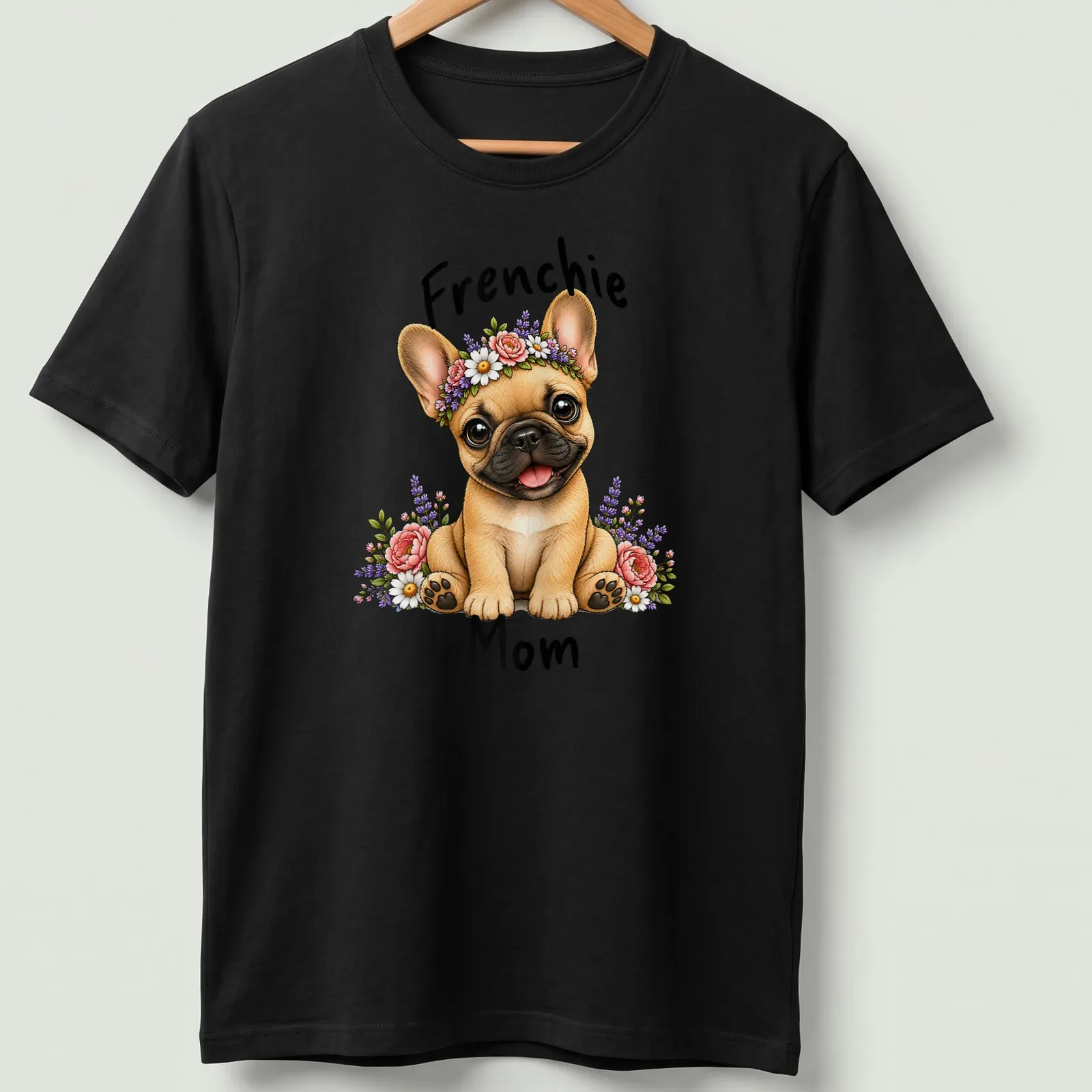 Illustration of a French Bulldog with a floral crown and text saying 'Frenchie Mom' — printed on a unisex t-shirt
