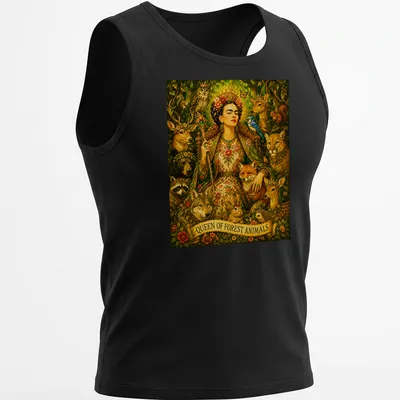 Frida Kahlo illustrated with forest animals and colorful accents — printed on a tank top
