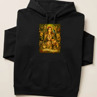 Frida Kahlo illustrated with forest animals and colorful accents — printed on a unisex hoodie