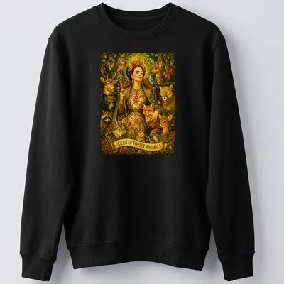 Frida Kahlo illustrated with forest animals and colorful accents — printed on a unisex sweatshirt