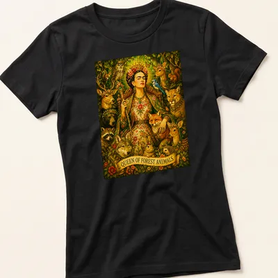 Frida Kahlo illustrated with forest animals and colorful accents — printed on a women's shirt