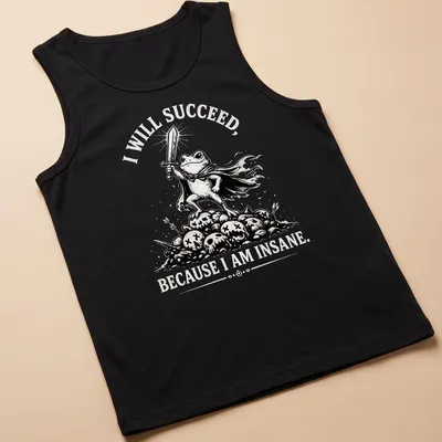 Black and white illustration of a frog warrior with bold text about success. — printed on a tank top