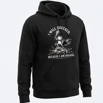Black and white illustration of a frog warrior with bold text about success. — printed on a unisex hoodie