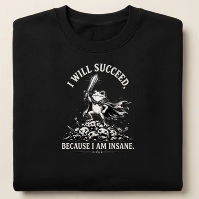 Black and white illustration of a frog warrior with bold text about success. — printed on a unisex sweatshirt