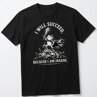 Black and white illustration of a frog warrior with bold text about success.