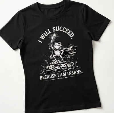 Black and white illustration of a frog warrior with bold text about success. — printed on a women's shirt