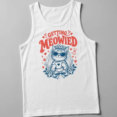 Vintage illustration of a cat bride with text GETTING MEOWIED in red and navy — printed on a tank top
