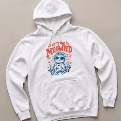 Vintage illustration of a cat bride with text GETTING MEOWIED in red and navy — printed on a unisex hoodie