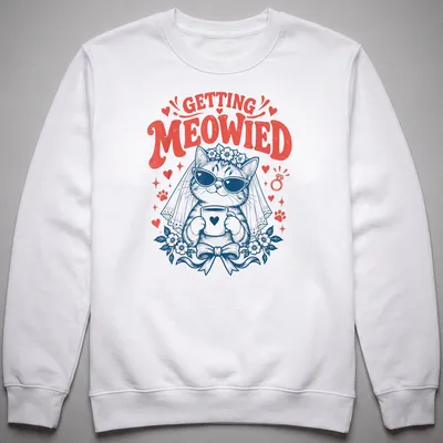 Vintage illustration of a cat bride with text GETTING MEOWIED in red and navy — printed on a unisex sweatshirt