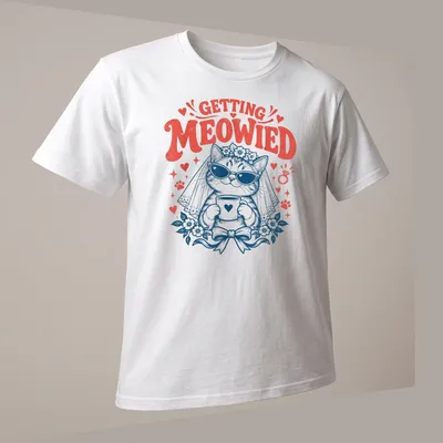 Vintage illustration of a cat bride with text GETTING MEOWIED in red and navy — printed on a unisex t-shirt (angled view)