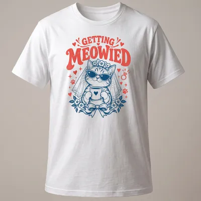 Vintage illustration of a cat bride with text GETTING MEOWIED in red and navy