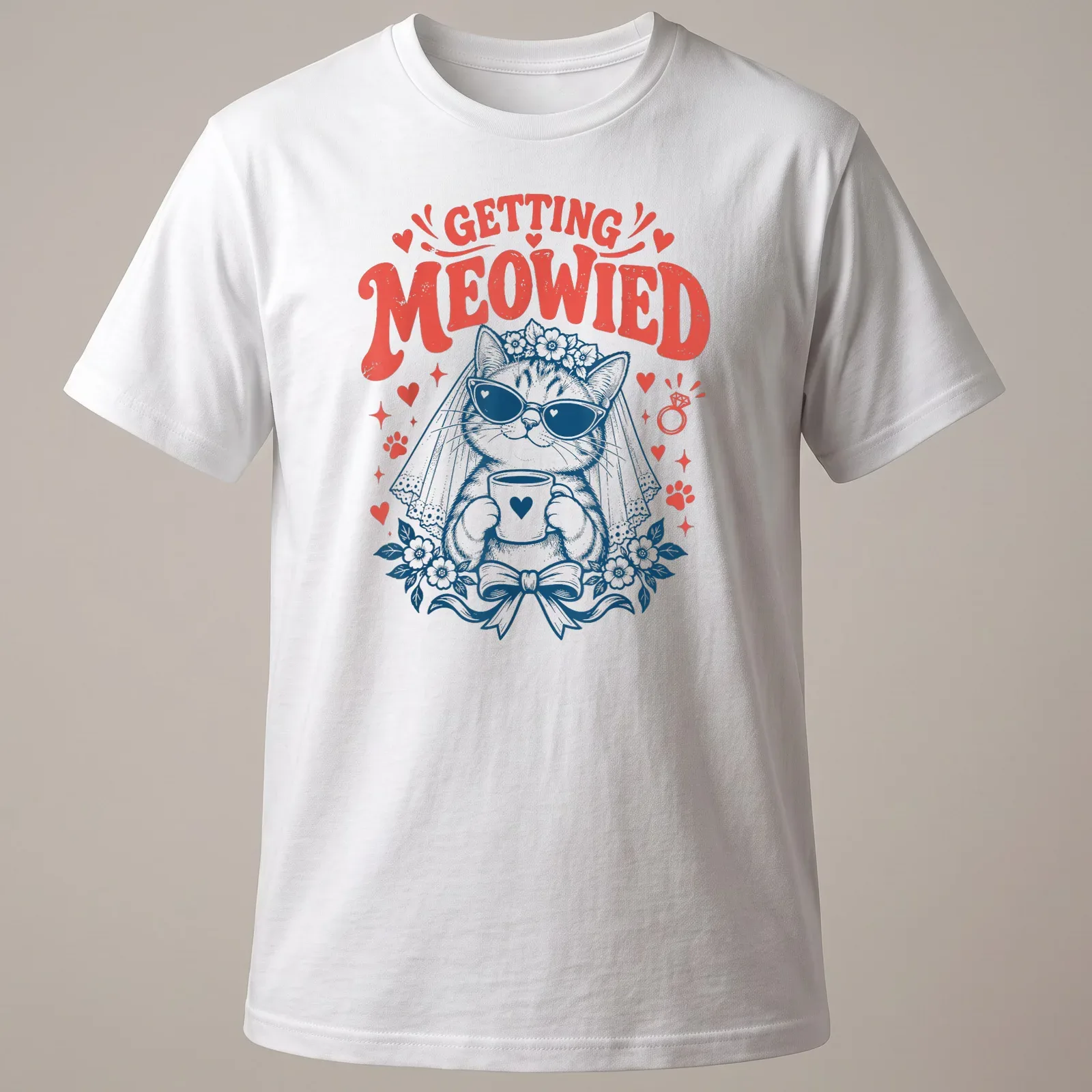 Vintage illustration of a cat bride with text GETTING MEOWIED in red and navy — printed on a unisex t-shirt