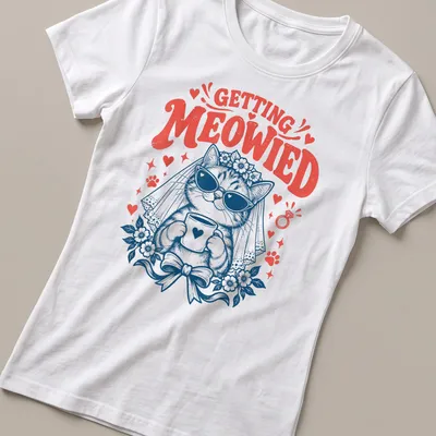 Vintage illustration of a cat bride with text GETTING MEOWIED in red and navy — printed on a women's shirt