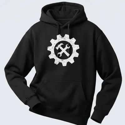 Funny black and white engineer gear symbol illustration. — printed on a unisex hoodie