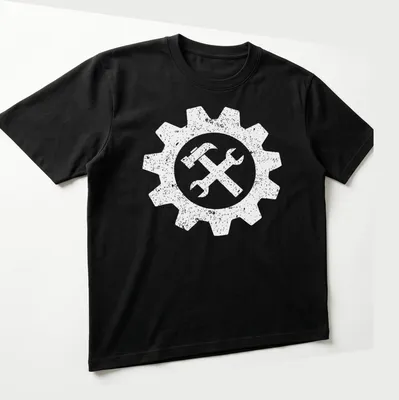 Funny black and white engineer gear symbol illustration. — printed on a unisex t-shirt (angled view)
