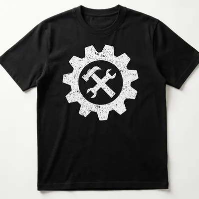 Funny black and white engineer gear symbol illustration.