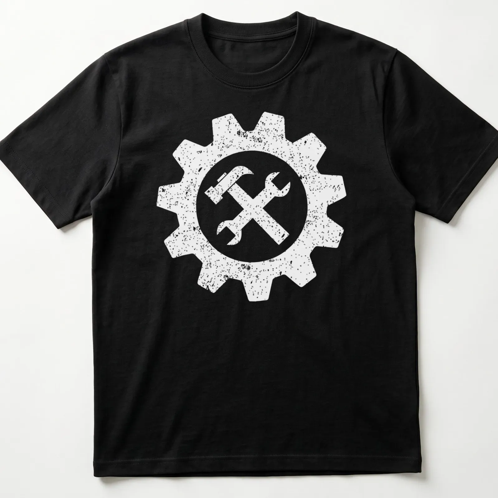 Funny black and white engineer gear symbol illustration. — printed on a unisex t-shirt