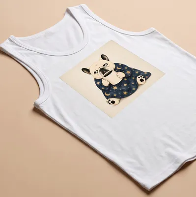 Whimsical illustration of a French Bulldog holding coffee under a starry sky — printed on a tank top