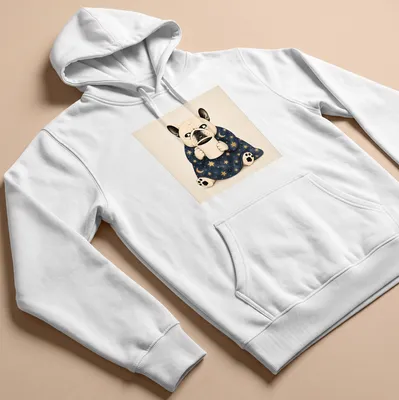 Whimsical illustration of a French Bulldog holding coffee under a starry sky — printed on a unisex hoodie
