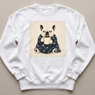 Whimsical illustration of a French Bulldog holding coffee under a starry sky — printed on a unisex sweatshirt