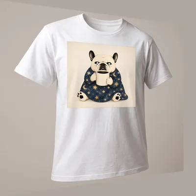 Whimsical illustration of a French Bulldog holding coffee under a starry sky — printed on a unisex t-shirt (angled view)