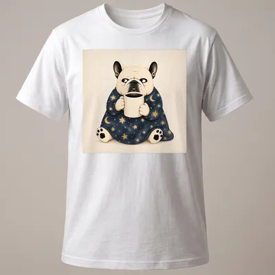 Whimsical illustration of a French Bulldog holding coffee under a starry sky