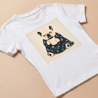 Whimsical illustration of a French Bulldog holding coffee under a starry sky — printed on a women's shirt