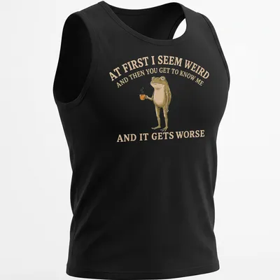 Whimsical illustration of a frog holding a coffee mug with funny text — printed on a tank top