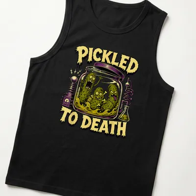 Comic style graphic of pickles with the text 'PICKLED TO DEATH' in Halloween colors — printed on a tank top