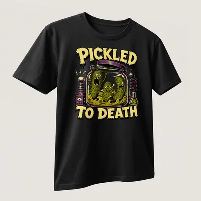 Comic style graphic of pickles with the text 'PICKLED TO DEATH' in Halloween colors — printed on a unisex t-shirt (angled view)