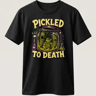 Comic style graphic of pickles with the text 'PICKLED TO DEATH' in Halloween colors — printed on a unisex t-shirt