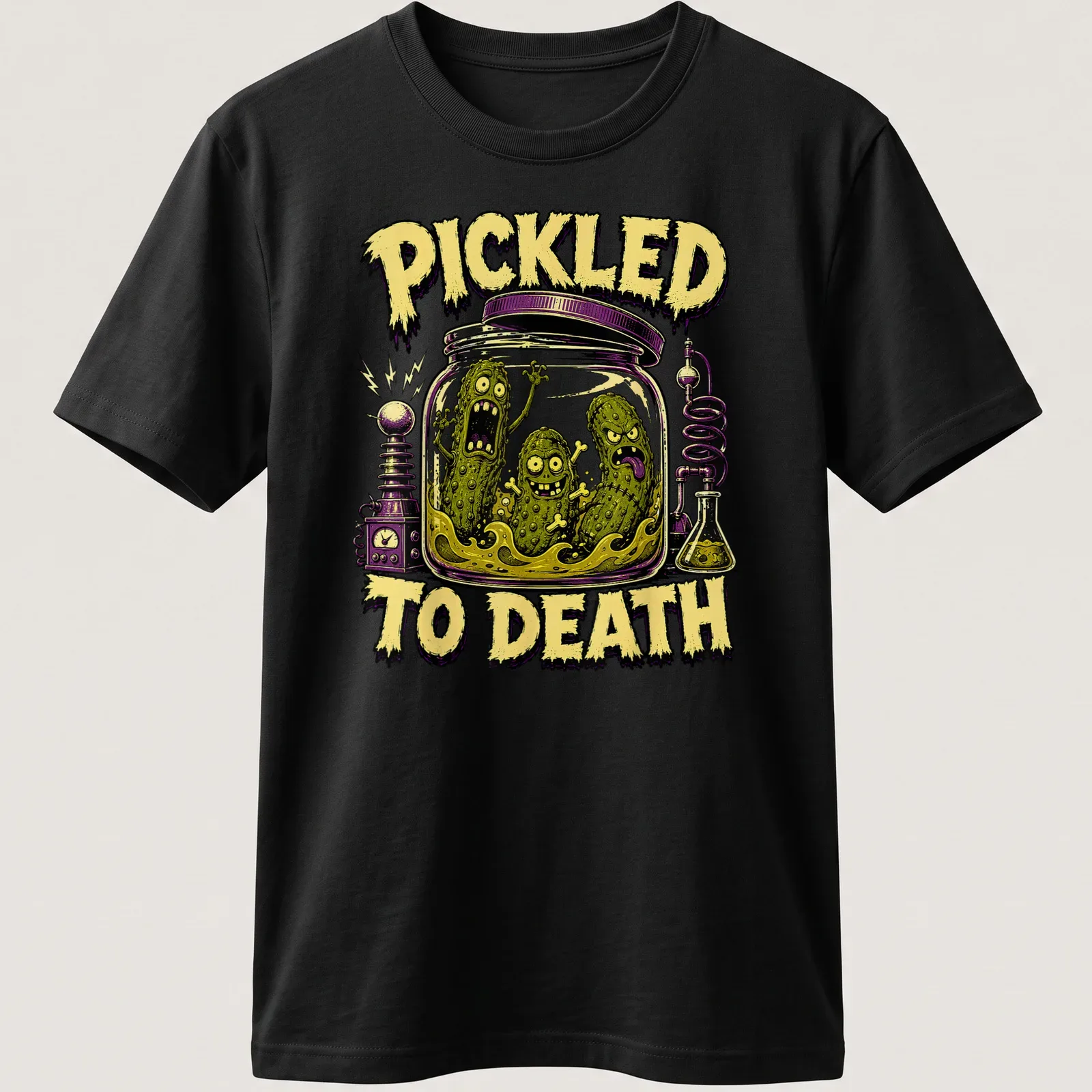 Comic style graphic of pickles with the text 'PICKLED TO DEATH' in Halloween colors — printed on a unisex t-shirt